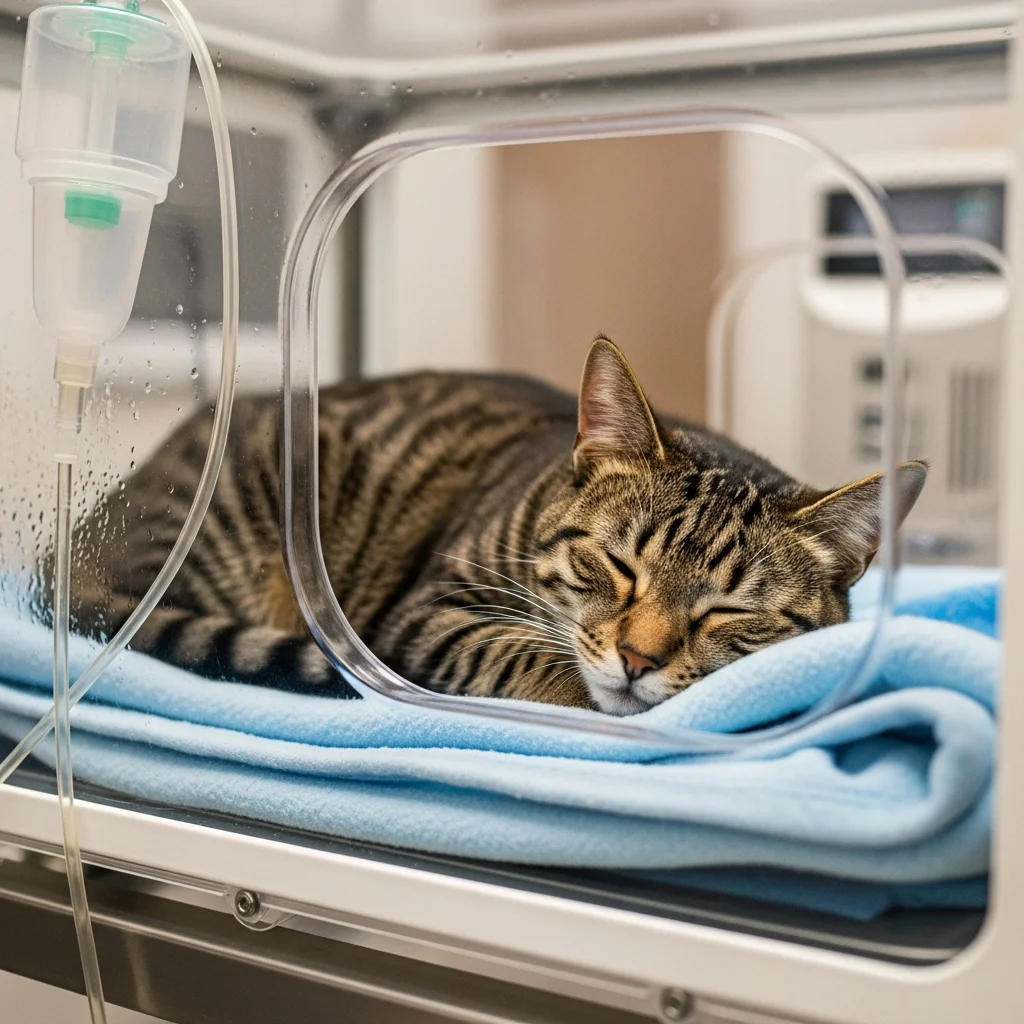 A cat resting comfortably in an oxygen cage, receiving oxygen therapy.