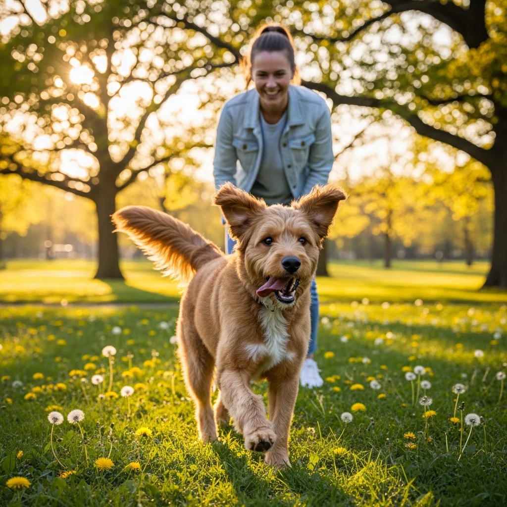 A happy, healthy dog running in a park, with its owner smiling in the background. Focus on the joy and well-being of the dog.