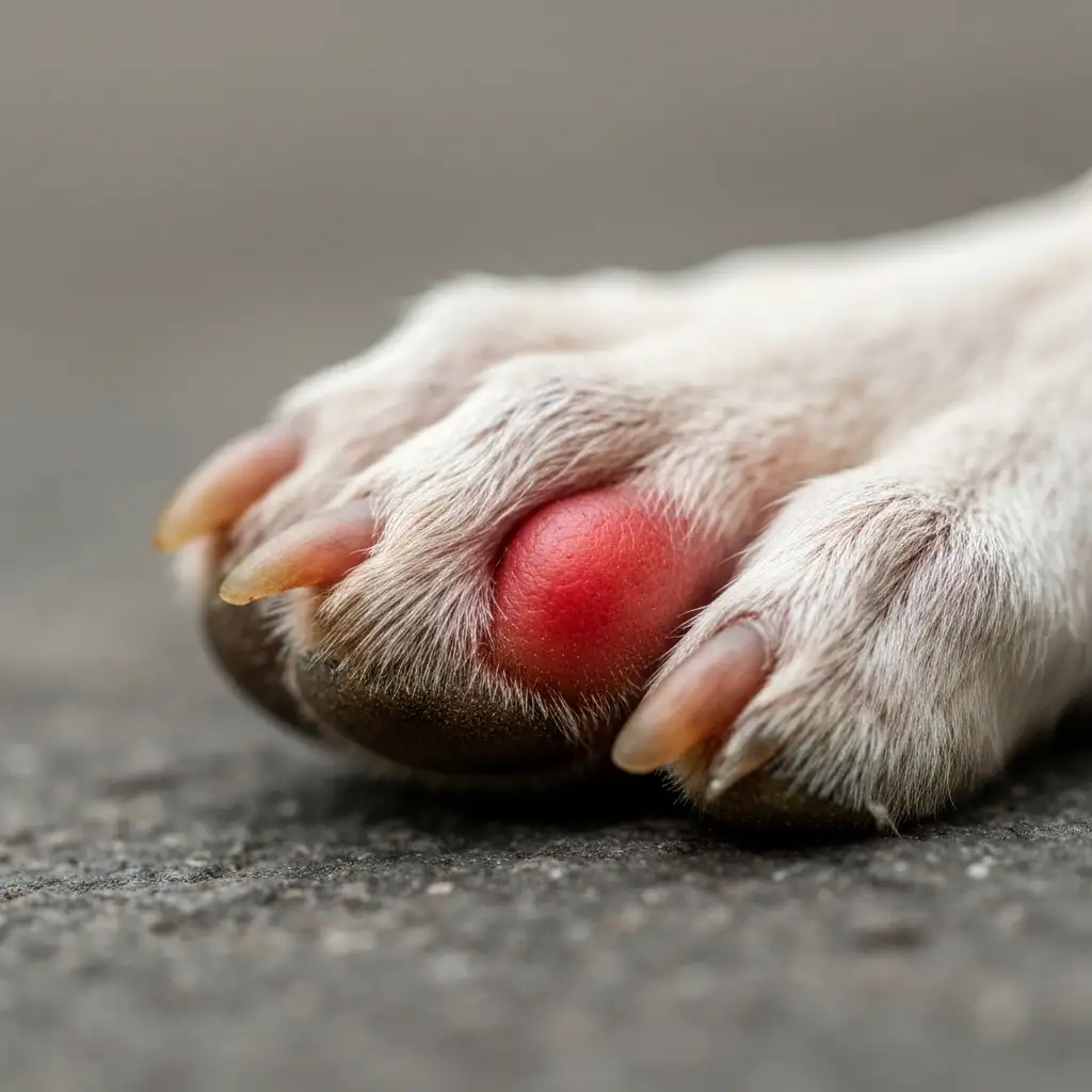 강아지 발가락 사이에 붉게 염증이 생긴 모습, 곰팡이 또는 세균 감염을 의심할 수 있습니다.