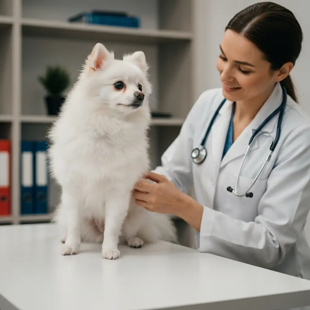수의사가 진찰대 위에서 작은 강아지의 뒷다리를 부드럽게 만져보며 슬개골탈구 여부를 확인하는 모습입니다.