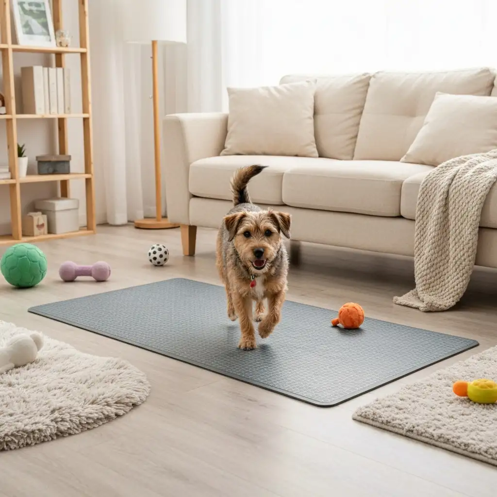 미끄럼 방지 매트 위에서 행복하게 걷고 있는 작은 강아지의 모습으로, 슬개골탈구 예방을 위한 안전한 환경을 보여줍니다.