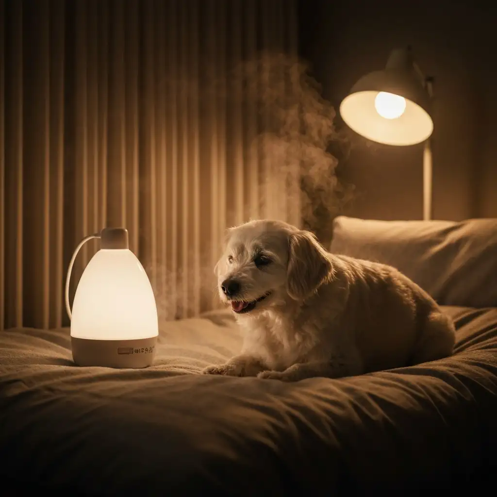 가습기로 적정 습도를 유지하며 편안하게 쉬고 있는 강아지, 가정에서의 세심한 관리가 중요합니다.