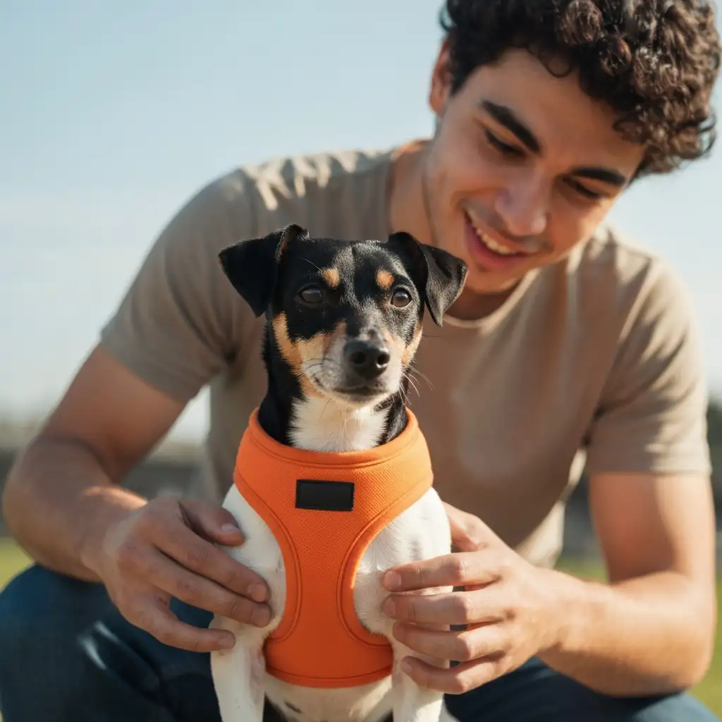 강아지의 목에 무리를 주지 않기 위해 목줄 대신 편안한 가슴줄을 착용시켜 주는 보호자의 손길입니다