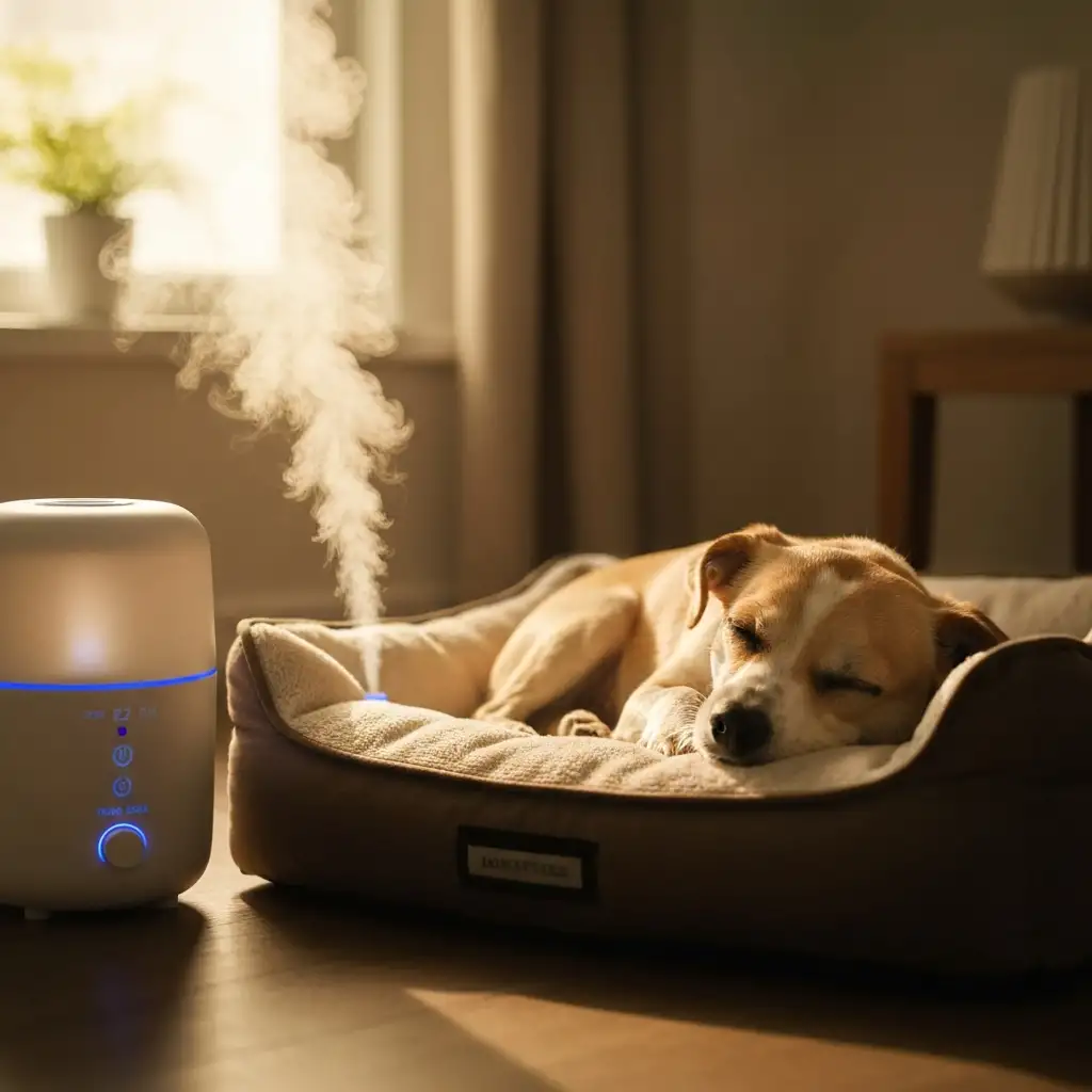 강아지가 잠자는 침대 옆에서 가습기가 작동하여 실내 습도를 적절하게 유지하고 있는 쾌적한 모습입니다