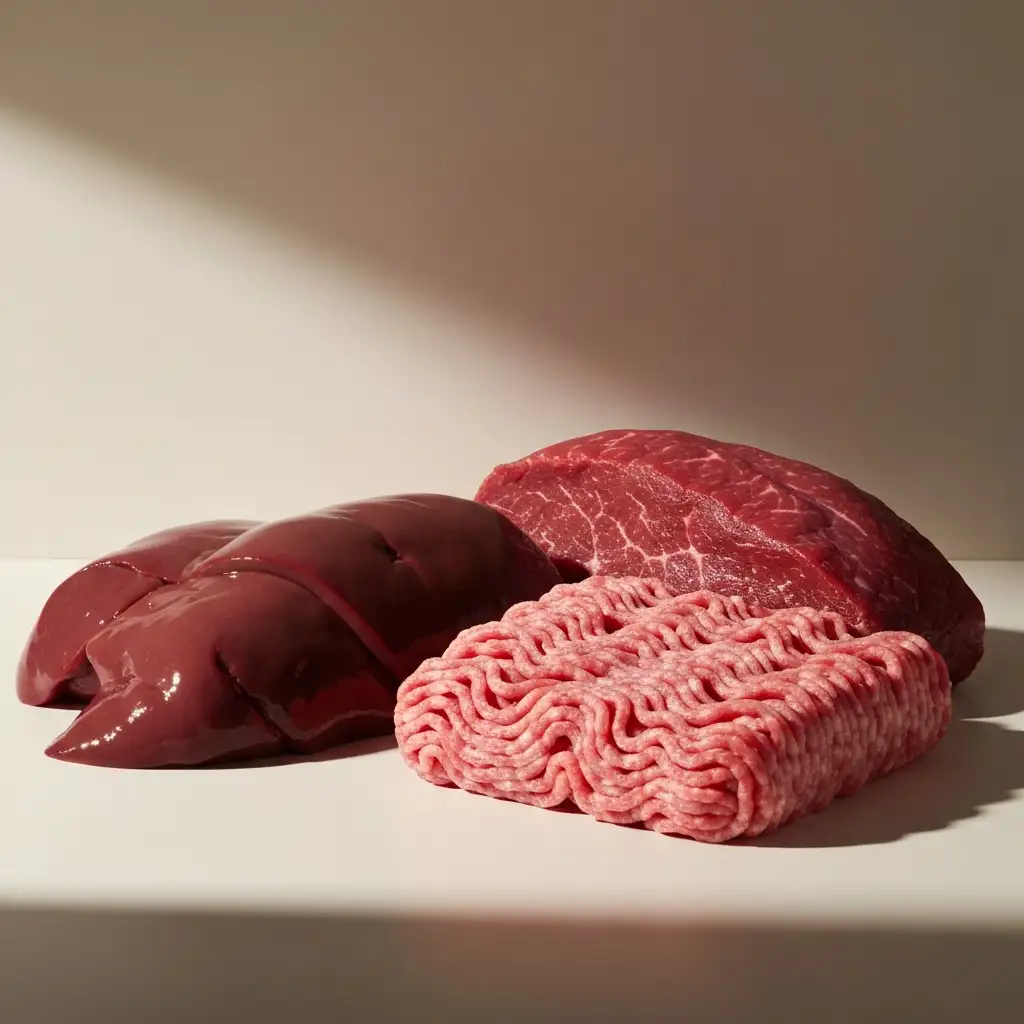 강아지 빈혈 회복에 도움을 주는 철분이 풍부한 소간과 붉은 살코기 그리고 계란 노른자의 모습입니다.