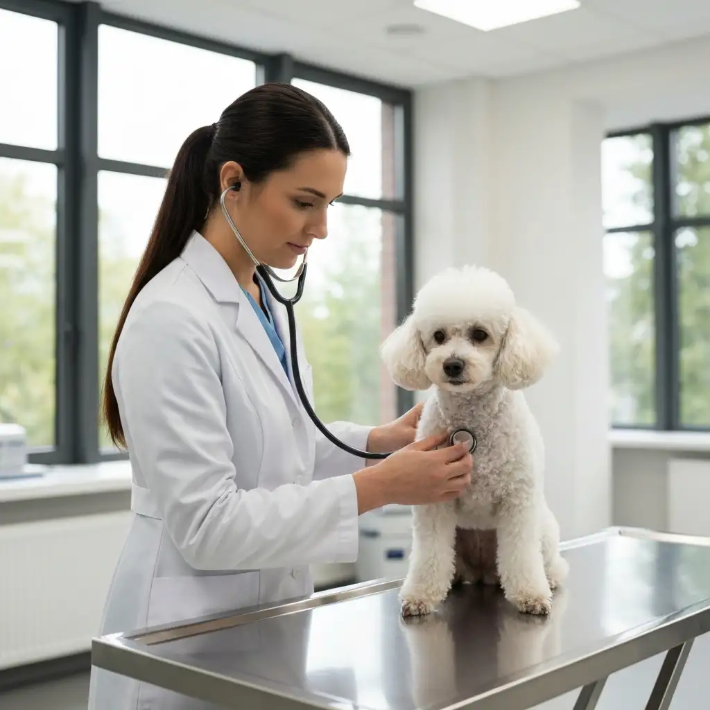 동물병원에서 수의사가 강아지의 상태를 세심하게 검진하며 진료하고 있는 전문적인 장면입니다.