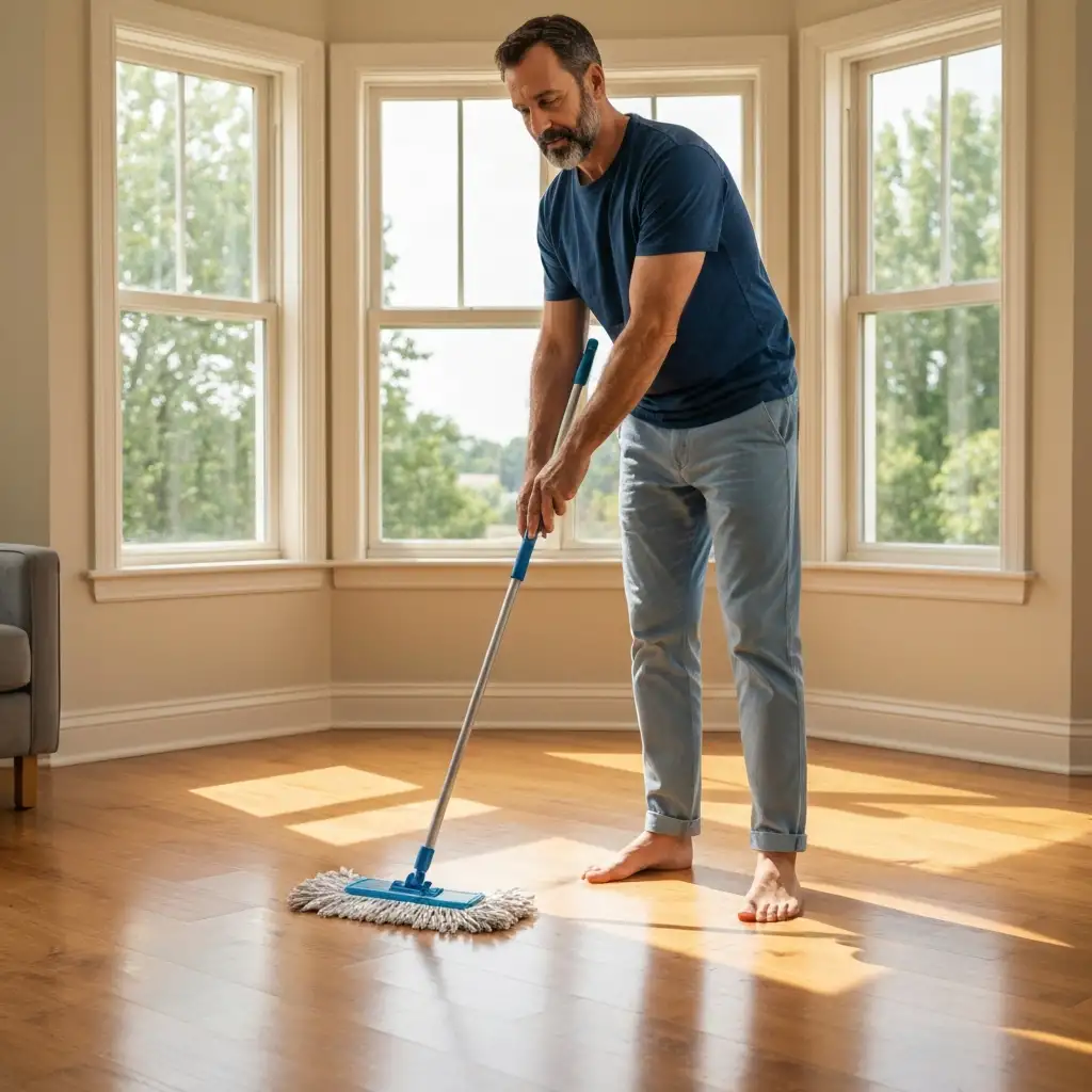 강아지가 있는 집에서 천연 세정제를 사용하여 바닥을 닦는 모습과 안전한 실내 청소 방법