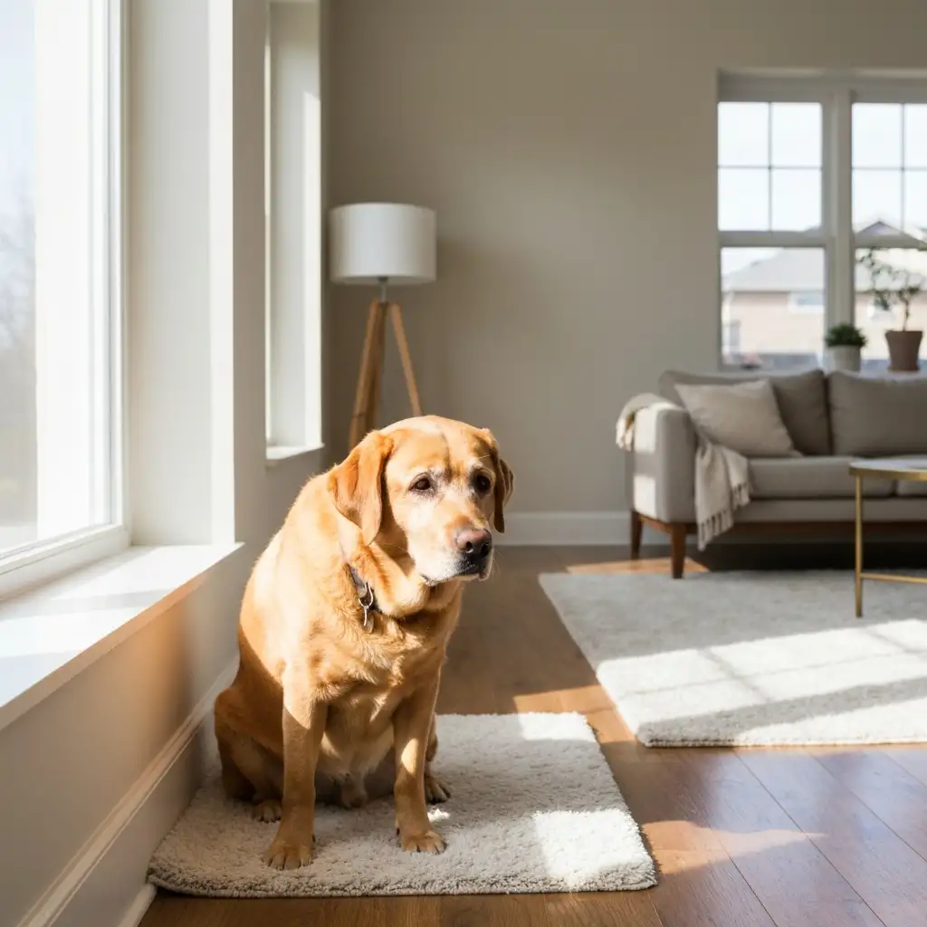 환기가 잘 되는 깨끗한 거실에서 편안하게 쉬고 있는 강아지의 모습으로 쾌적한 반려견 실내 환경의 중요성 강조