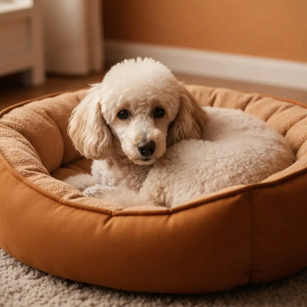 도넛 모양의 푹신한 애견 침대 안에서 몸을 동그랗게 웅크리고 잠을 자고 있는 푸들 강아지