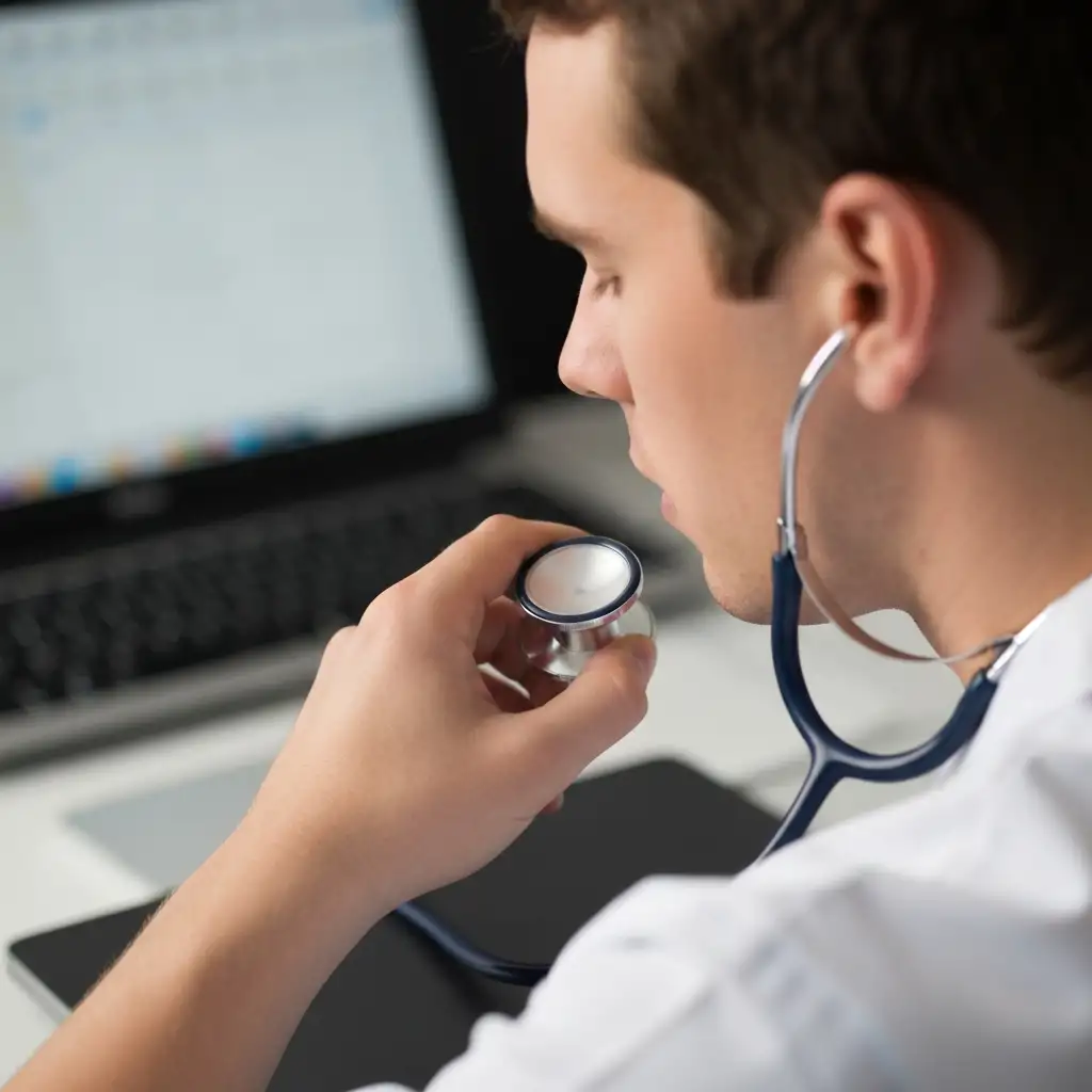 밝은 동물병원 진료실에서 수의사가 청진기를 이용해 비글 강아지의 호흡 상태를 꼼꼼하게 체크하는 모습