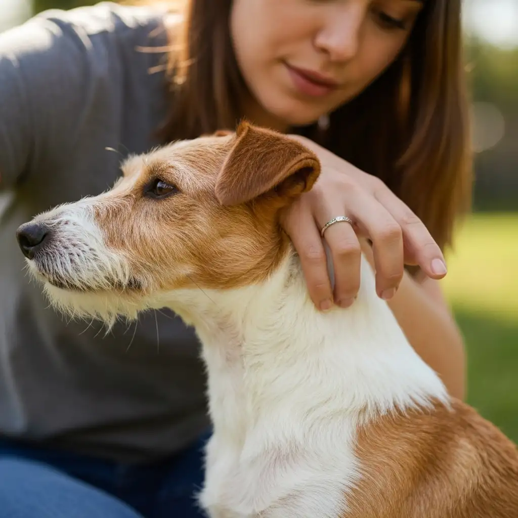 강아지의 목 뒷부분 피부를 살짝 들어 올려 피부 탄력을 확인하며 탈수 증상을 체크하는 올바른 방법입니다.