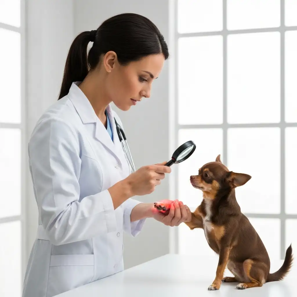 수의사가 지간염 증상이 있는 강아지의 발바닥 상태를 꼼꼼하게 검진하고 있는 모습입니다.