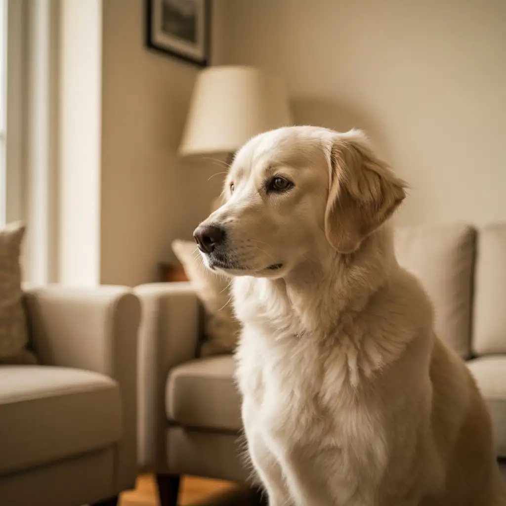 벽을 멍하니 응시하며 서 있는 노령견의 모습은 강아지 치매의 대표적인 초기 증상 중 하나로 주의 깊은 관찰이 필요합니다.