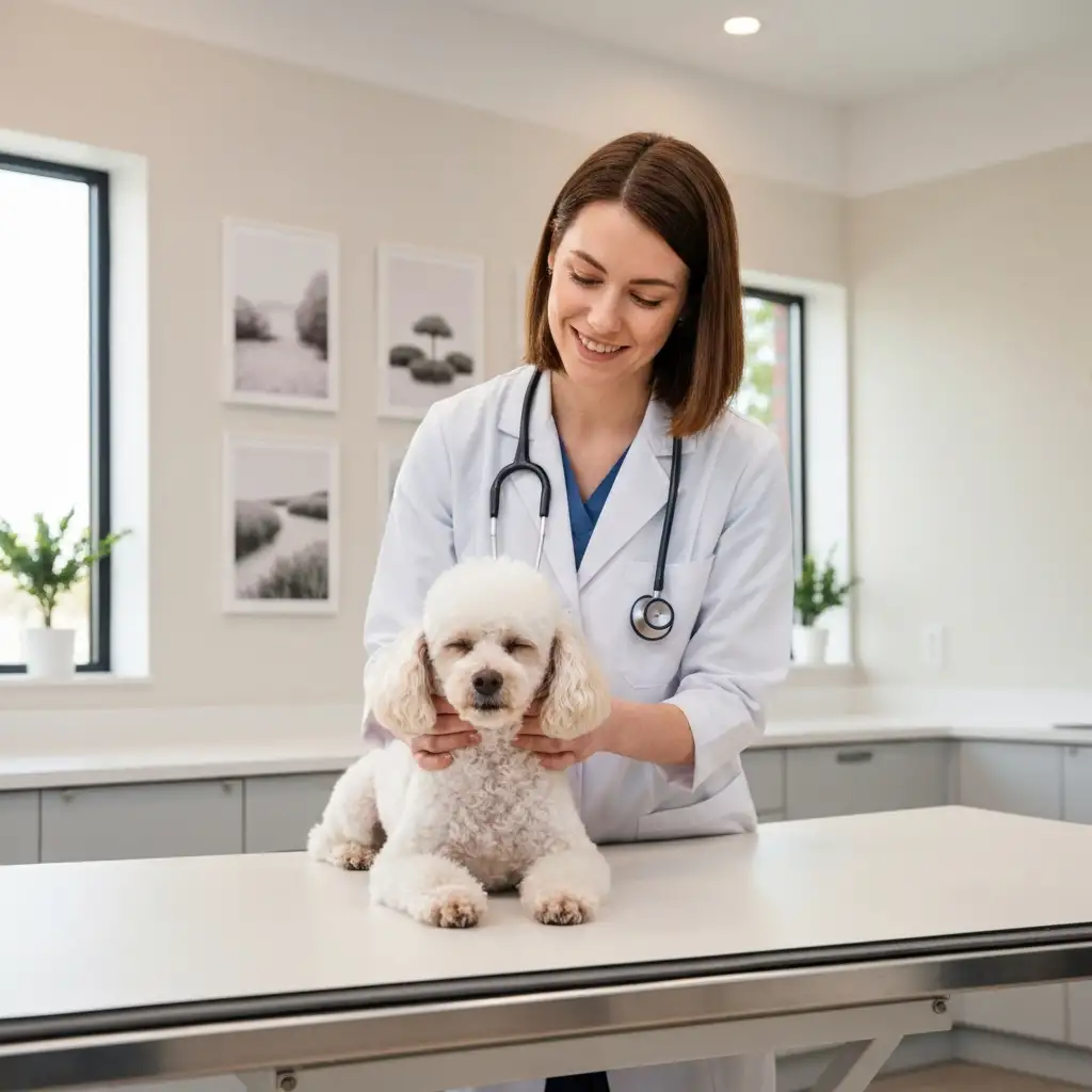 동물병원에서 수의사에게 건강 검진을 받고 있는 강아지의 모습으로 이식증 해결을 위한 첫 걸음입니다