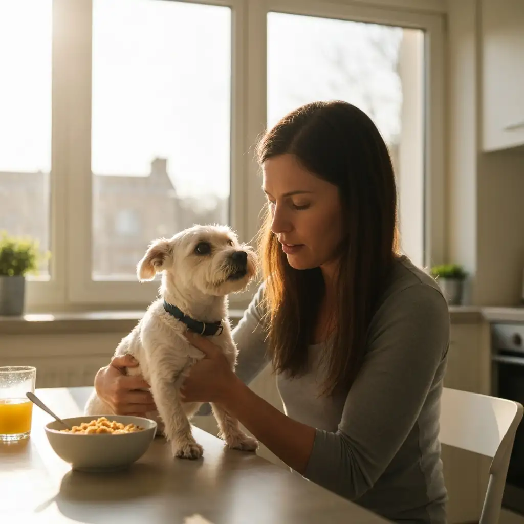 소형견을 뒤에서 안아 복부를 압박하며 하임리히법 응급처치를 시행하고 있는 올바른 자세의 모습입니다.