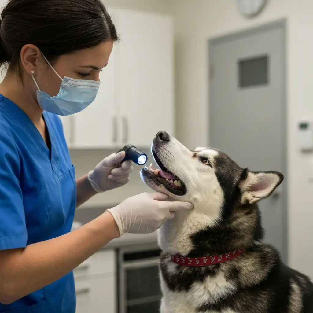 동물병원에서 수의사가 전문 장비를 사용하여 강아지의 목과 기도 상태를 꼼꼼하게 검진하고 있는 모습입니다.