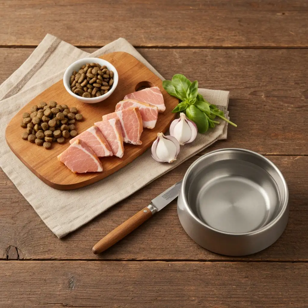 연어와 닭가슴살 그리고 찐 당근이 포함되어 단백질이 풍부하고 소화가 쉬운 노령견용 프리미엄 식단이 담긴 그릇