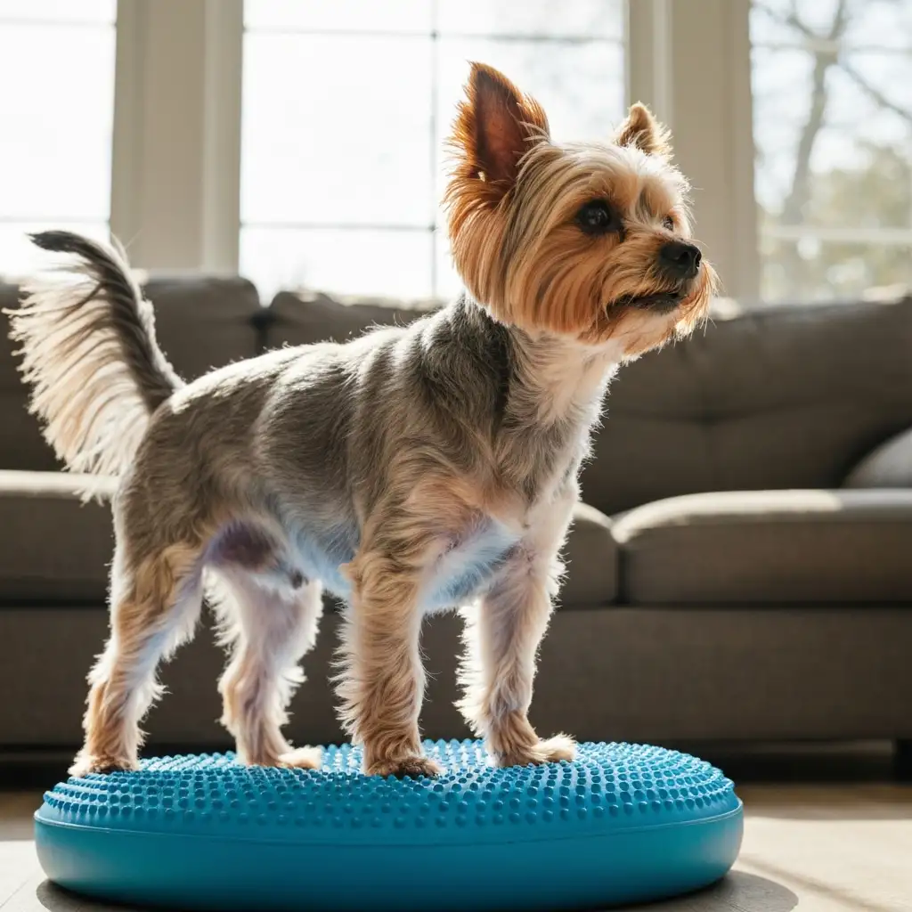 따뜻한 햇살이 드는 거실에서 파란색 밸런스 쿠션 위에 서서 코어와 뒷다리 근육을 단련하며 재활 운동을 하고 있는 노령견