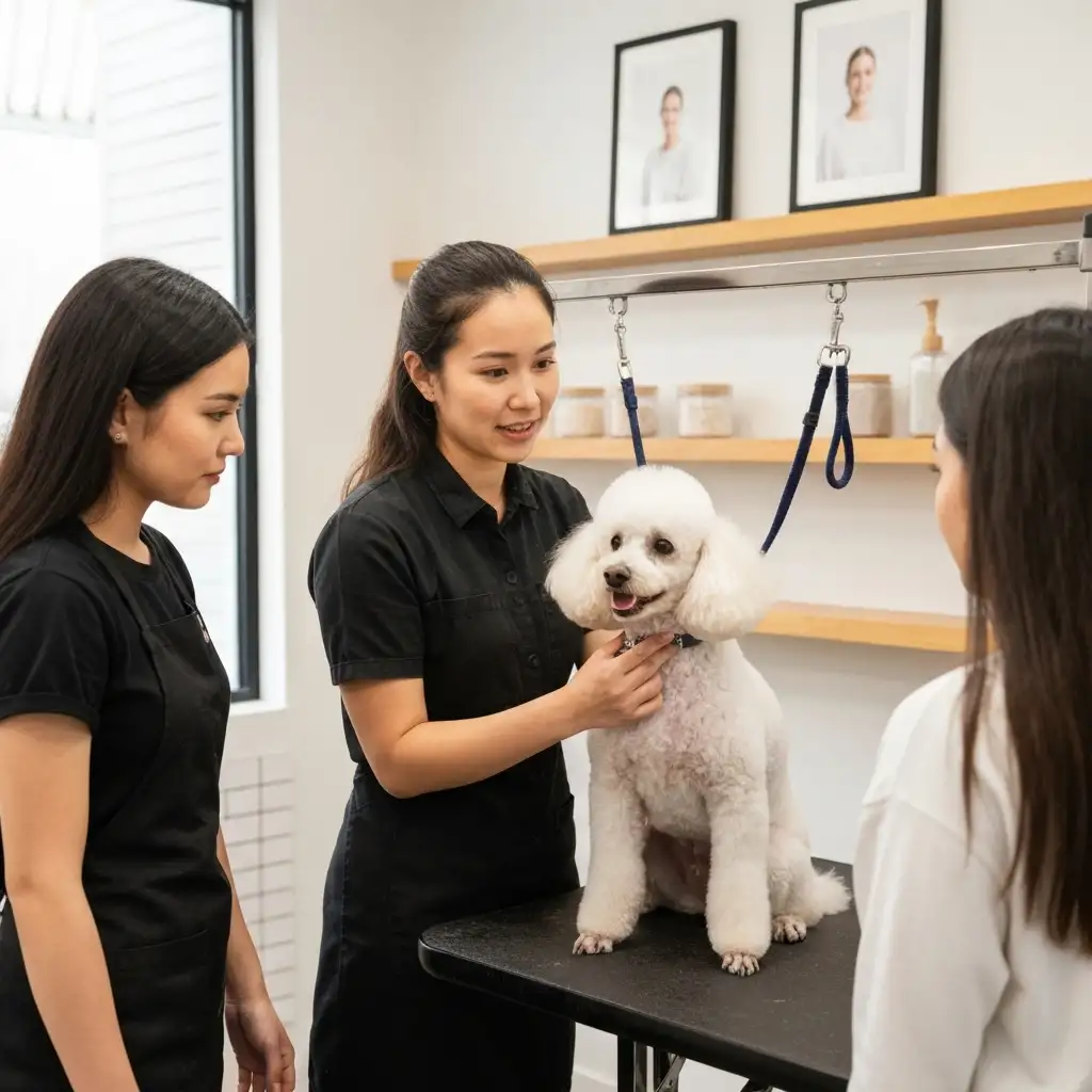 파란색 위생 장갑을 착용한 전문가가 강아지의 항문낭을 짜는 올바른 손 위치를 시연하는 모습