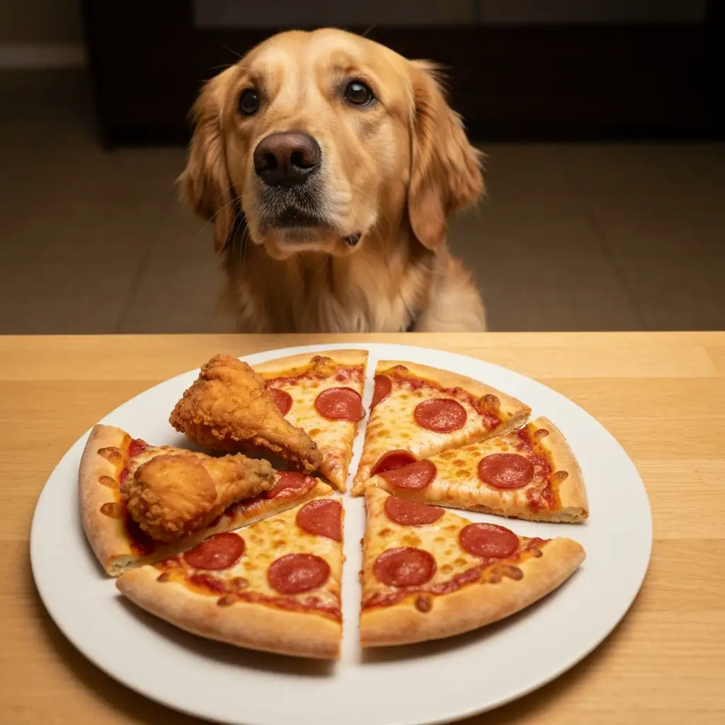 강아지에게 치명적인 췌장염을 유발할 수 있는 고지방의 사람 음식인 치킨과 피자 사진입니다