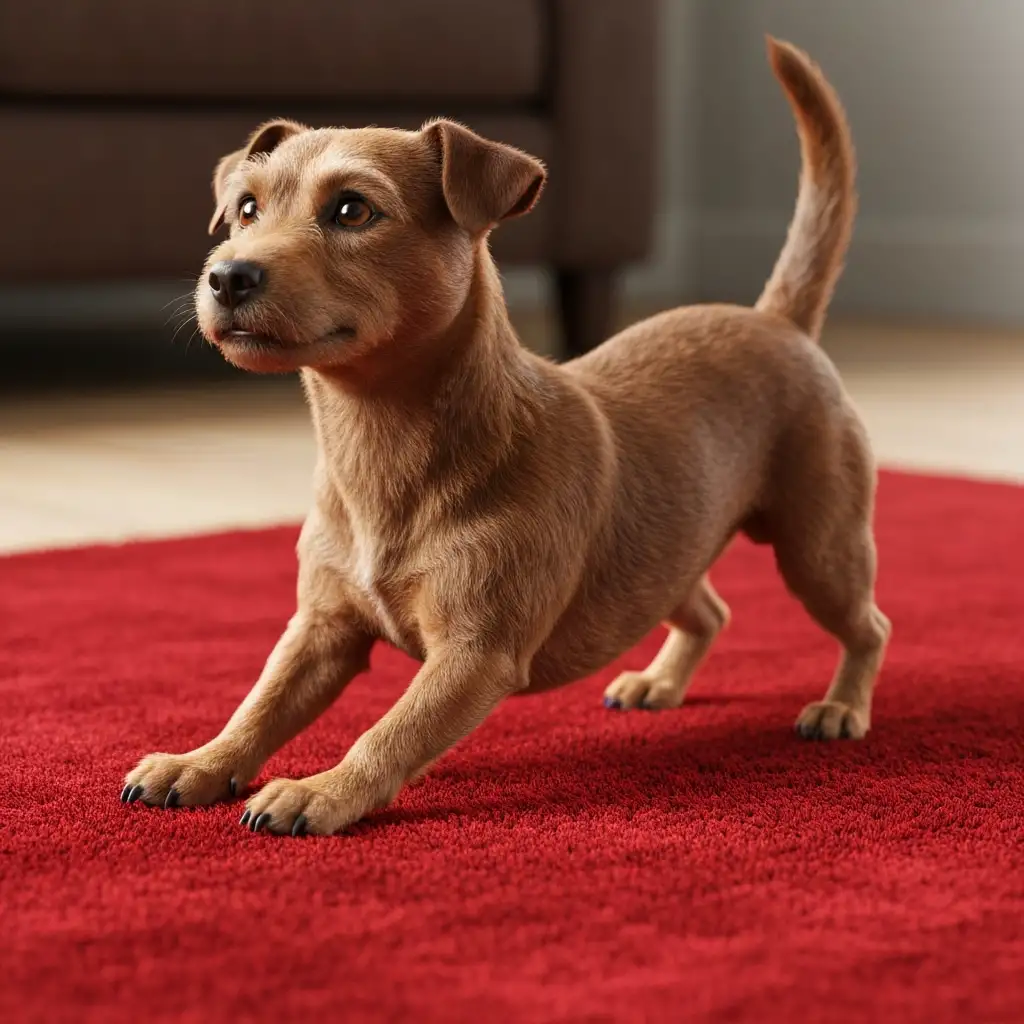 강아지가 복부 통증을 완화하기 위해 취하는 전형적인 기도 자세의 모습입니다