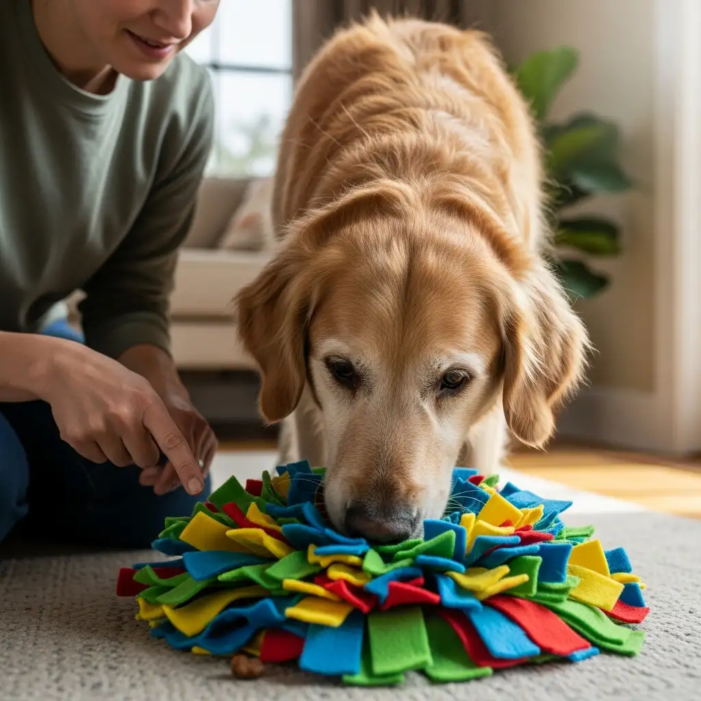 노령견의 뇌를 자극하기 위해 코를 사용하는 놀이인 노즈워크를 함께 즐기며 강아지두뇌활동을 돕는 모습입니다.