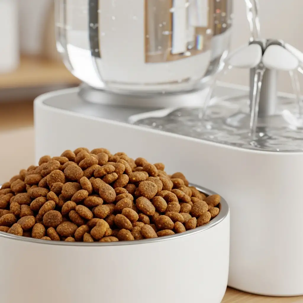 신장 건강을 위해 인과 단백질 함량을 조절한 고양이신장사료와 깨끗한 물이 담긴 급수기의 모습