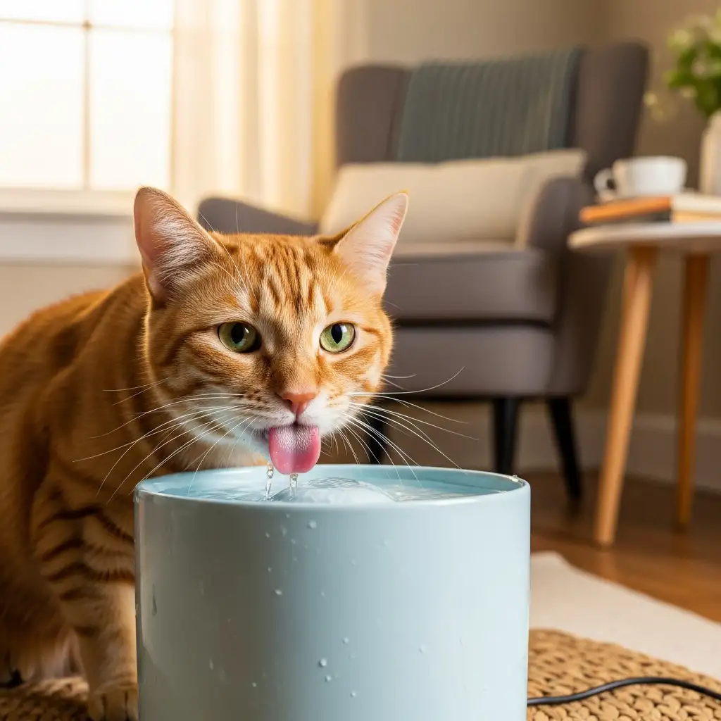 반려동물음수량을 늘리기 위해 설치한 고양이 정수기에서 물을 마시는 건강한 고양이의 모습