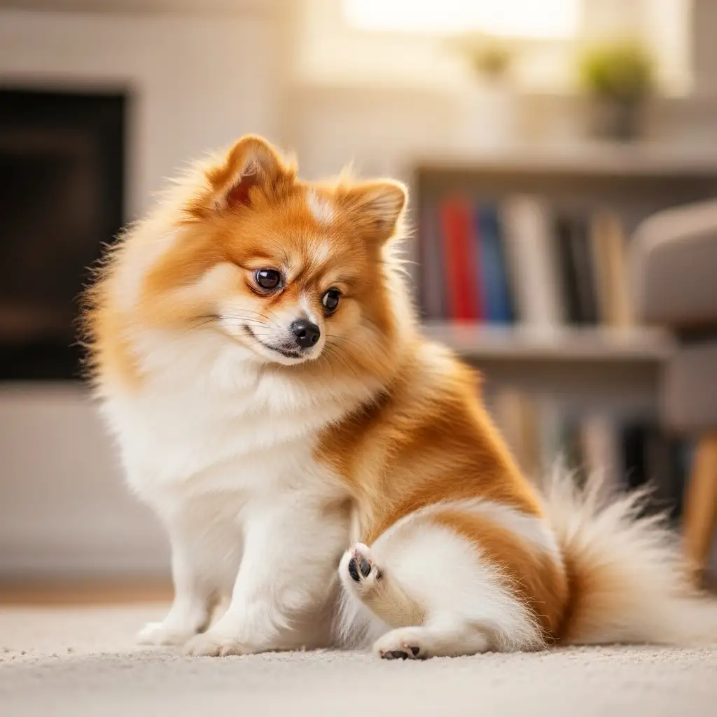 강아지슬개골탈구 증상으로 인해 뒷다리에 불편함을 느끼고 자신의 다리를 쳐다보는 강아지의 모습