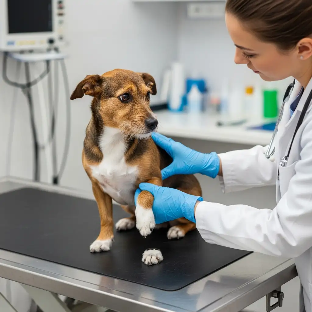 슬개골탈구증상을 정확히 파악하기 위해 동물병원에서 전문가에게 무릎 관절 검진을 받는 강아지