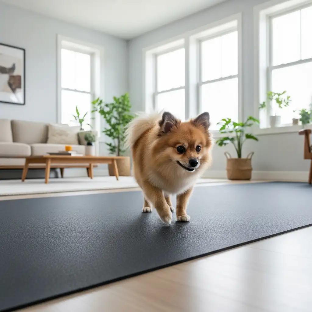 강아지다리절음을 예방하고 관절을 보호하기 위해 거실 바닥에 미끄럼 방지 매트를 설치한 안전한 환경