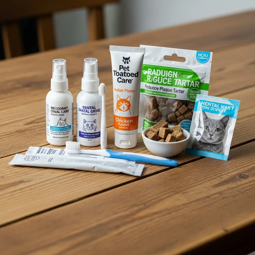 고양이 치석 제거와 고양이 구강 관리에 필요한 칫솔, 치약, 치과용 간식 등 다양한 관리 용품들의 모습입니다.