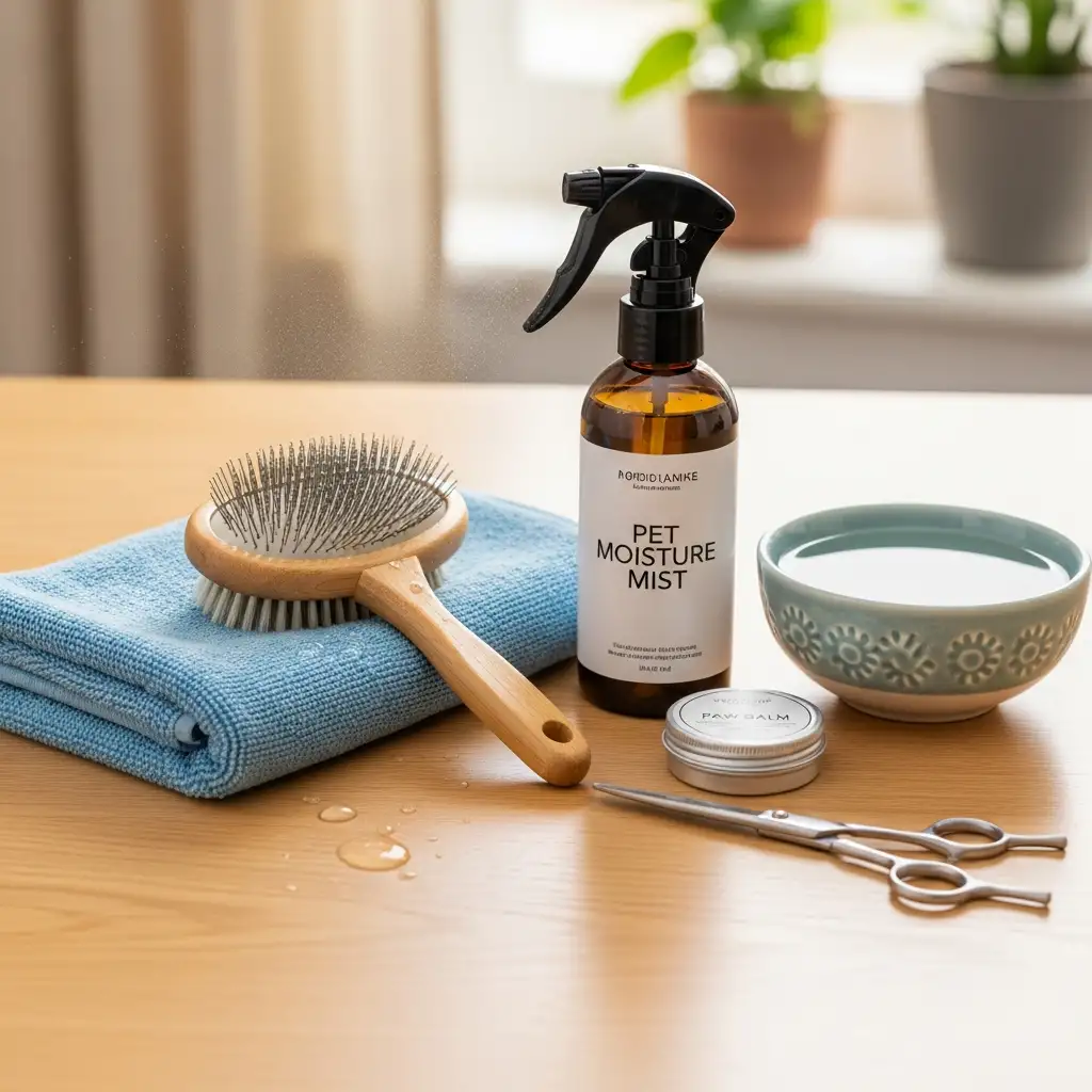 강아지 피부 관리를 위해 필요한 보습 미스트와 부드러운 브러시 등 관리 용품 세트 이미지입니다