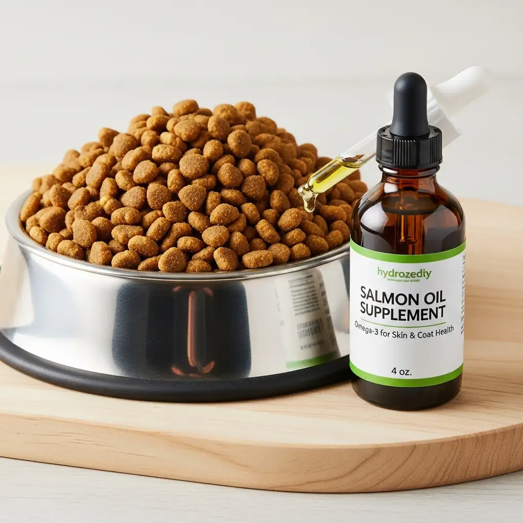 알레르기 완화에 도움을 주는 가수분해 사료와 피부 건강을 위한 오메가3 영양제의 모습입니다