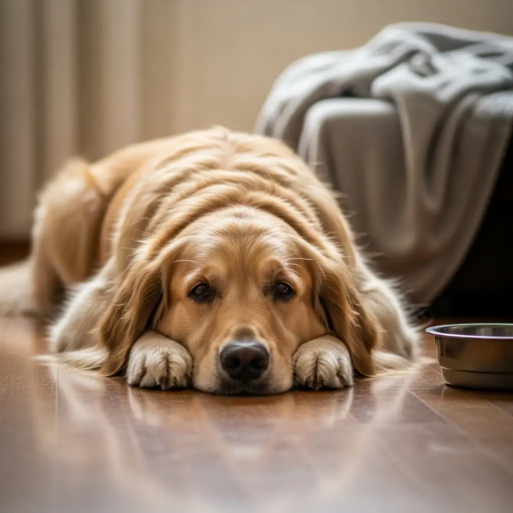 급성 췌장염 증상으로 인해 기력이 저하되어 바닥에 엎드려 있는 골든 리트리버 강아지의 모습