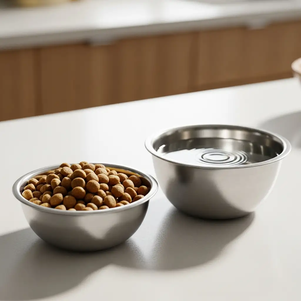 강아지 췌장염 관리를 위한 저지방 처방식 사료와 깨끗한 물이 담긴 그릇