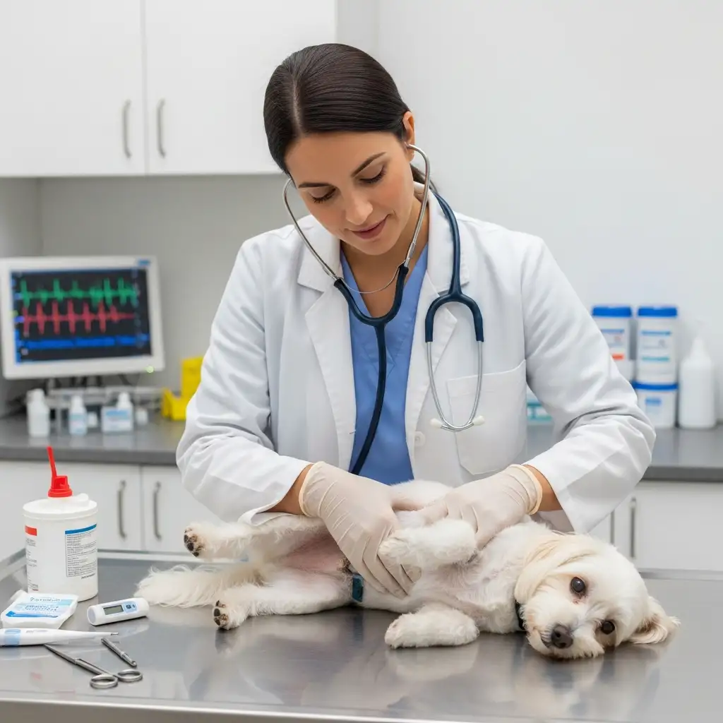 동물병원에서 수의사가 췌장염 의심 증상을 보이는 하얀색 소형견을 세심하게 검진하고 있는 모습