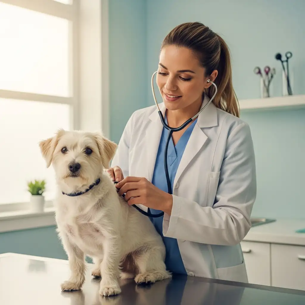 수의사가 청진기를 사용하여 강아지의 심장 잡음을 확인하며 심장판막질환을 진단하는 모습