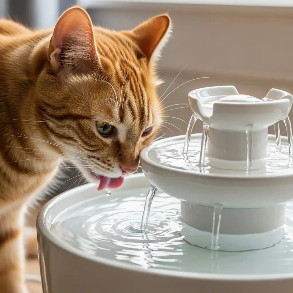 고양이 음수량을 높이기 위해 깨끗한 물이 흐르는 수중 펌프식 정수기를 사용하는 모습입니다