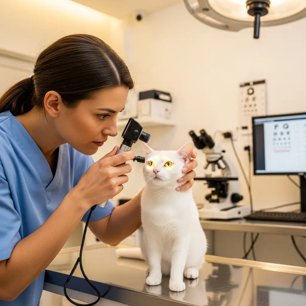 수의사가 고양이의 눈 상태를 정밀하게 검진하는 모습으로 백내장이나 녹내장 같은 안과 질환 조기 발견의 중요성을 강조합니다
