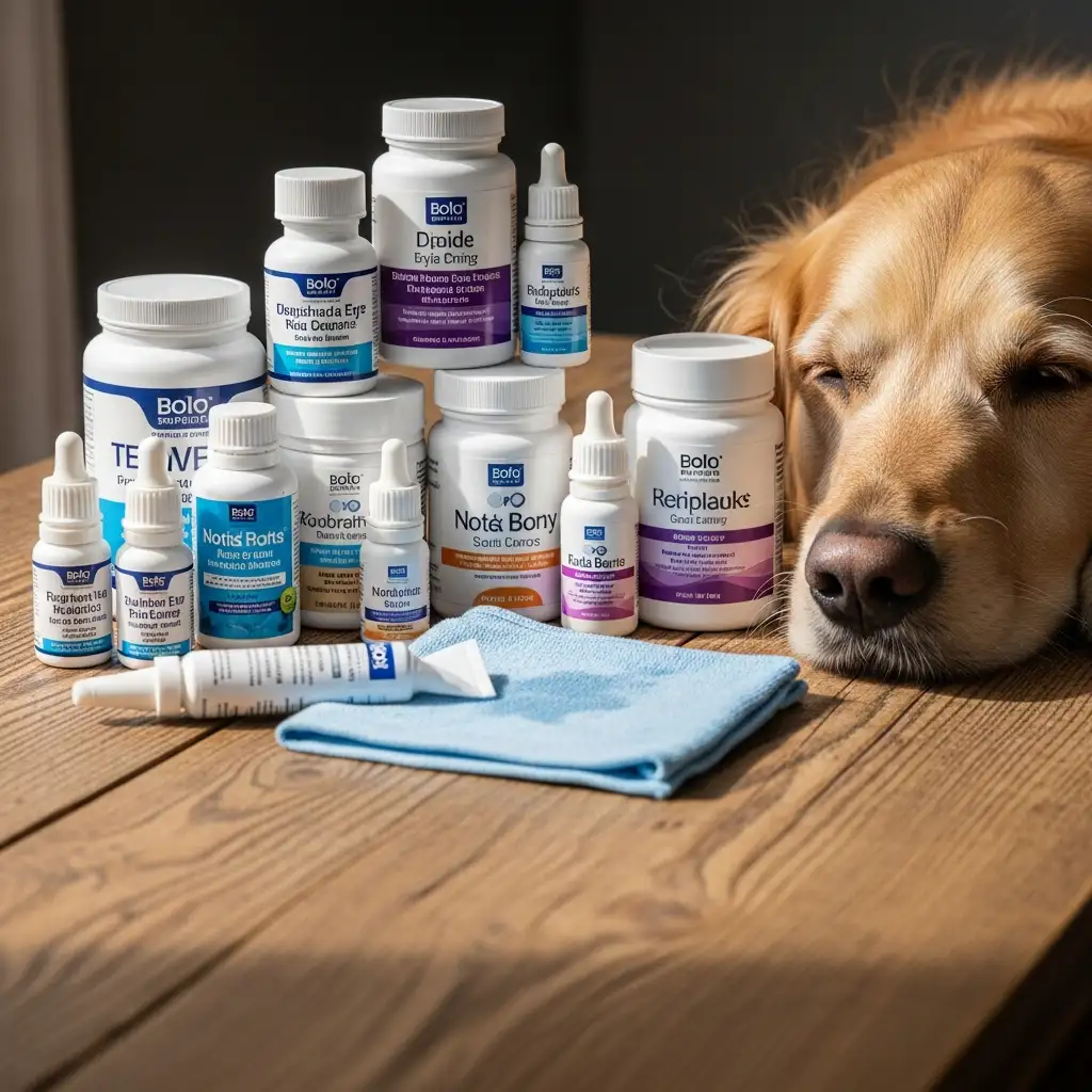강아지 눈 관리를 위한 세정 용품과 영양제 사진으로 일상적인 눈 건강 관리법을 시각적으로 보여줍니다