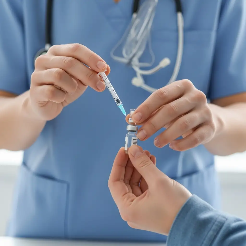 수의사가 보호자에게 인슐린 주사기 사용법과 주의사항을 설명하고 있는 모습