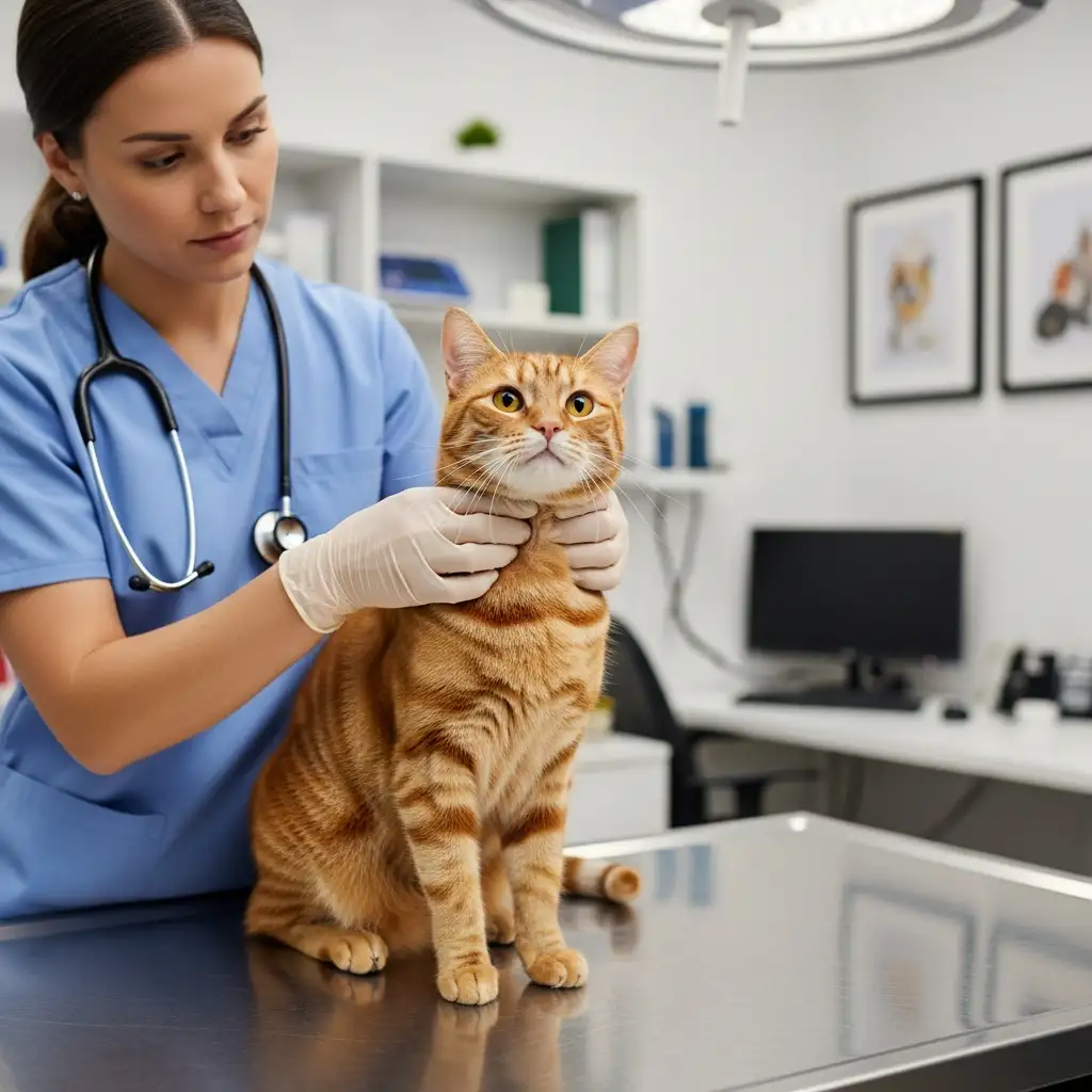 수의사가 고양이의 목 부위를 촉진하며 갑상선 비대 여부를 확인하고 있는 전문적인 진료 모습입니다.