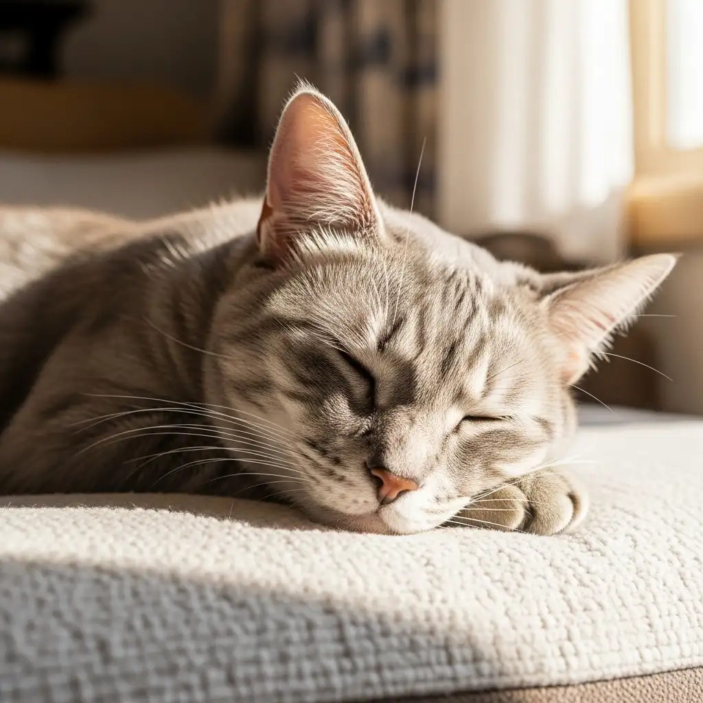 적절한 케어를 통해 안정을 찾고 따뜻한 햇살 아래서 편안하게 휴식을 취하고 있는 노령묘의 모습입니다.