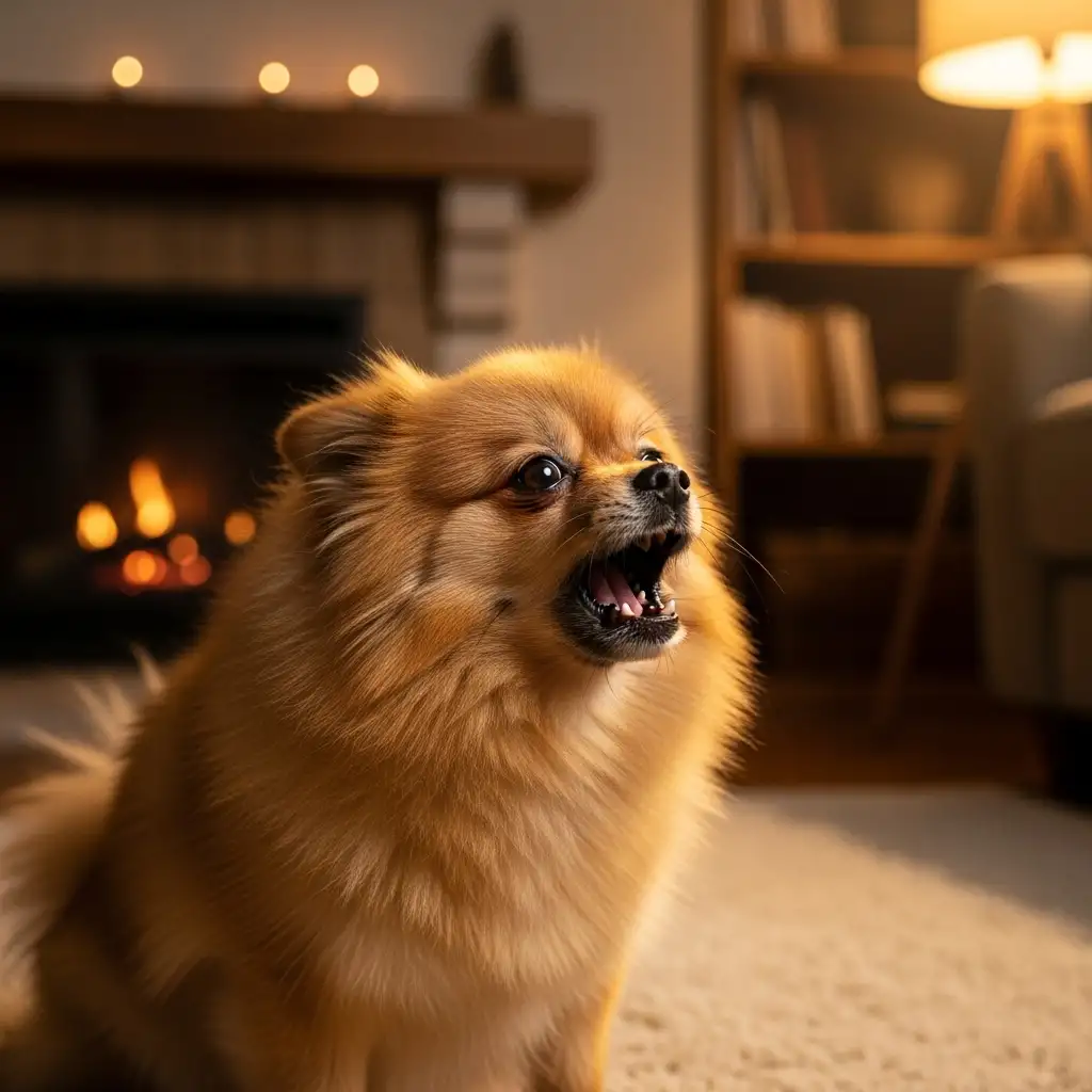 강아지가 기관허탈 증상으로 인해 거위 소리를 내며 괴로워하는 모습의 이미지입니다.
