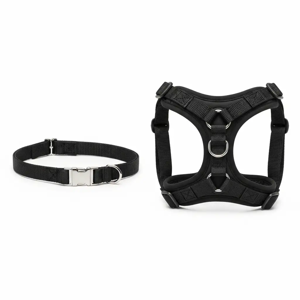 강아지 기관지 보호를 위해 목줄 대신 권장되는 Y자형 하네스의 비교 이미지입니다.