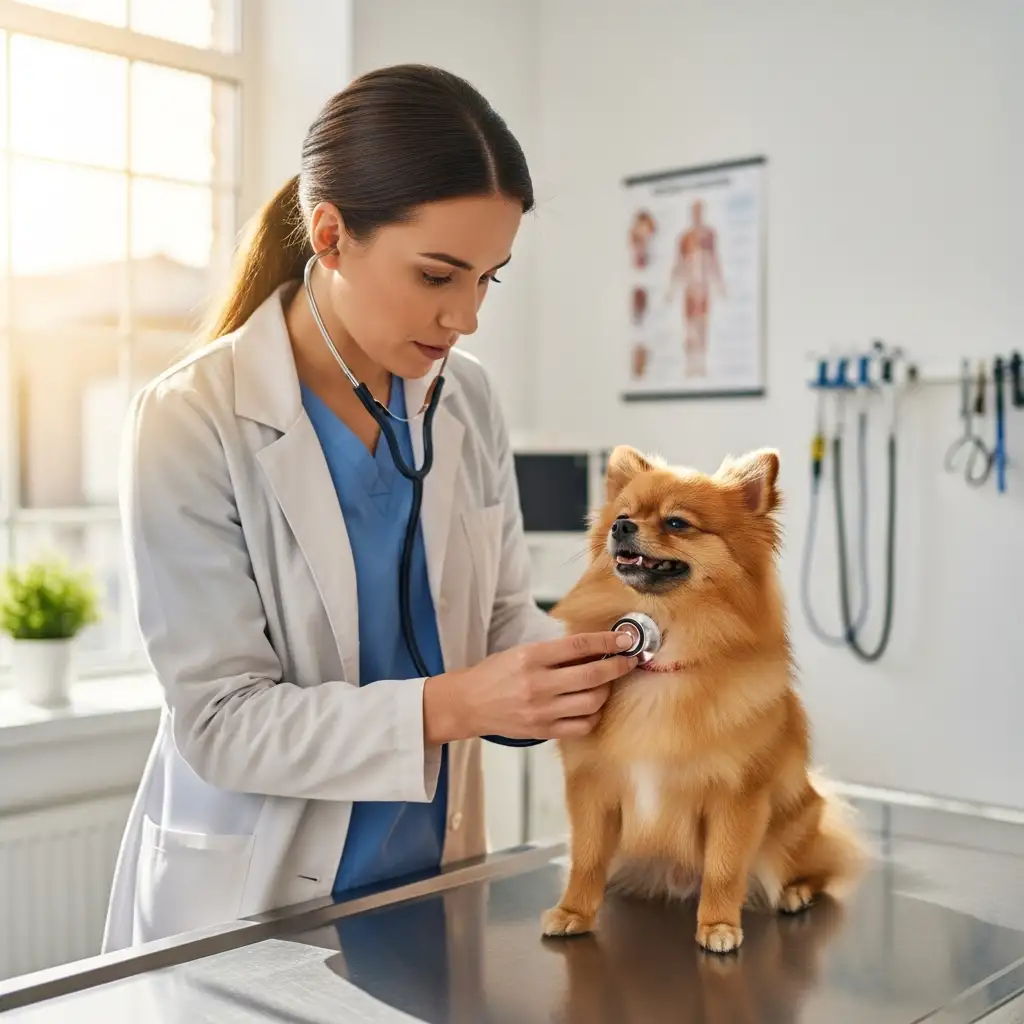 수의사가 기관허탈 증상이 있는 강아지의 호흡기 상태를 꼼꼼하게 검진하는 모습입니다.