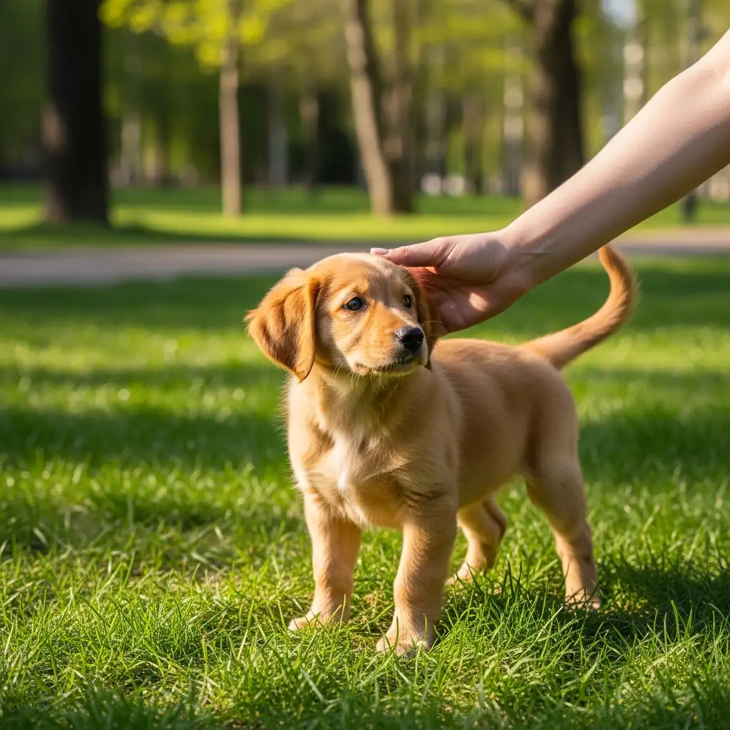 잔디밭 위에서 사람의 손길을 부드럽게 느끼며 사회화 과정을 거치고 있는 어린 강아지의 모습