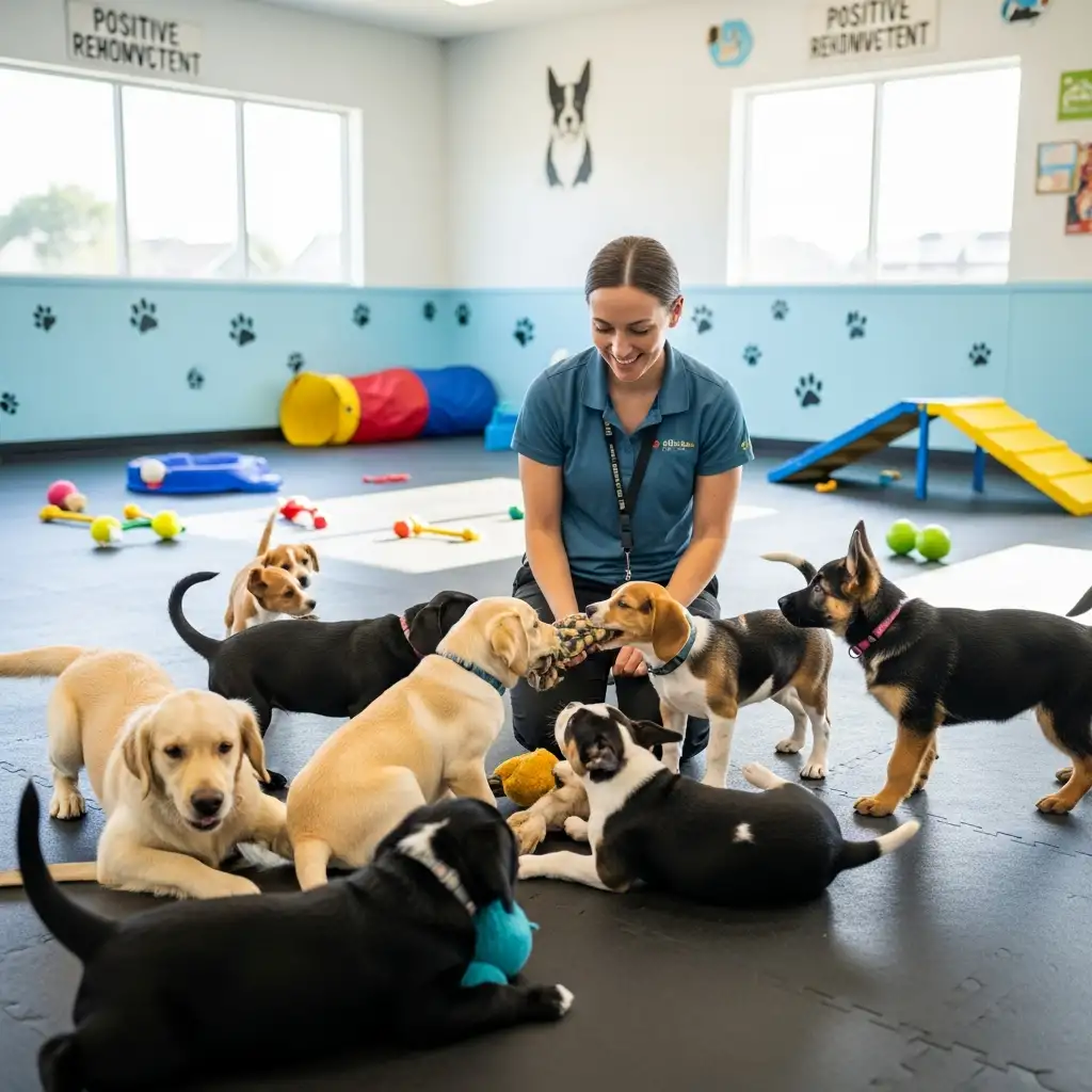 안전한 실내 훈련소에서 전문 트레이너의 지도 아래 여러 품종의 강아지들이 함께 어울려 노는 모습