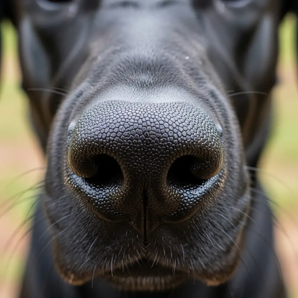 자연을 배경으로 한 건강하고 촉촉한 상태의 검은색 강아지 코 근접 촬영 이미지